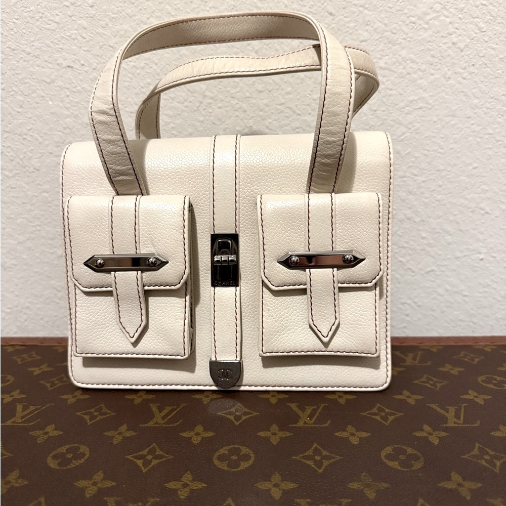 Authentic Chanel Off White Leather Double Pocket Satchel Handbag